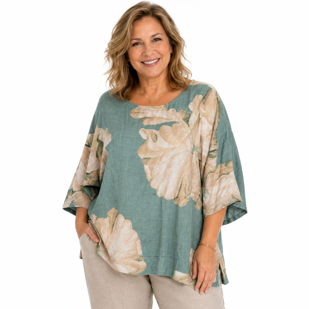 Soft Surroundings Floral Linen 3/4 Sleeve Oversized Beachy Coastal Top Shirt XL